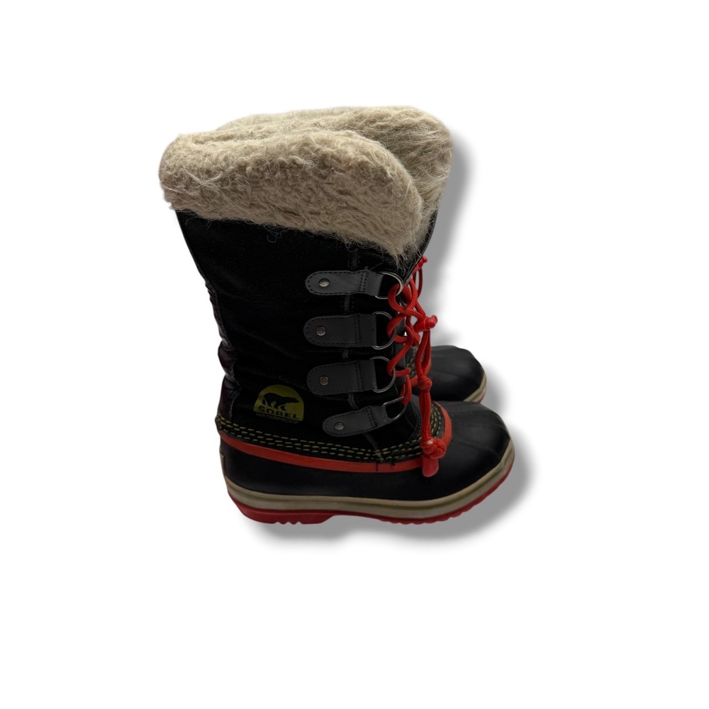 Sorel Tofino Winter Boots Kids Size 1 Black Red Waterproof Faux Fur Snow Boots